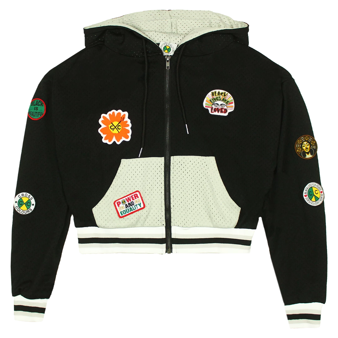 New Arrivals Cross Colours Patches Crop Zip Mesh Hoodie - Black 3 New Arrivals Cross Colours Patches Crop Zip Mesh Hoodie - Black